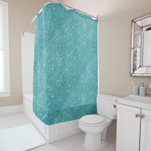 Teal Glitter Sparkles Shower Curtain (In Situ)