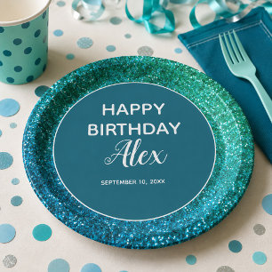 Teal Glitter Surprise Birthday Party Paper Plates