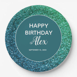 Teal Glitter Surprise Birthday Party Paper Plates