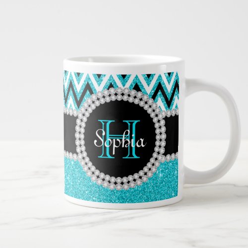 Teal Glitter Teal Chevron Monogrammed Jumbo Mug