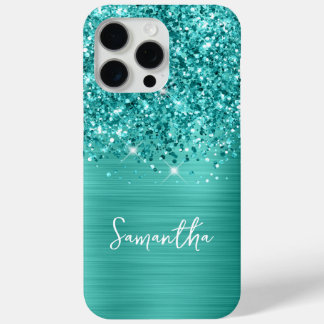 Teal Glitter Turquoise Glam Name iPhone 15 Pro Max Case