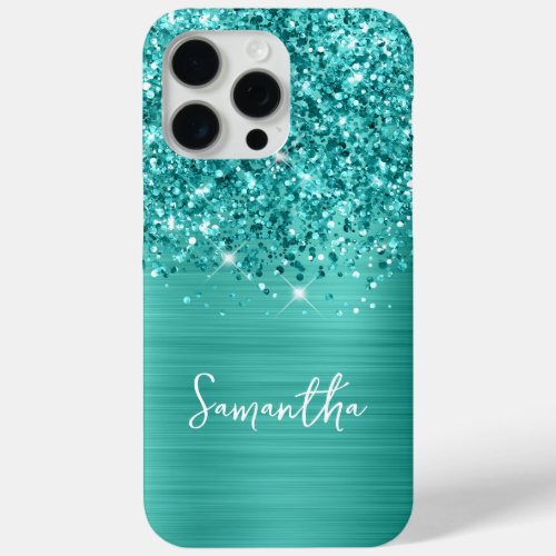 Teal Glitter Turquoise Glam Name iPhone 15 Pro Max Case