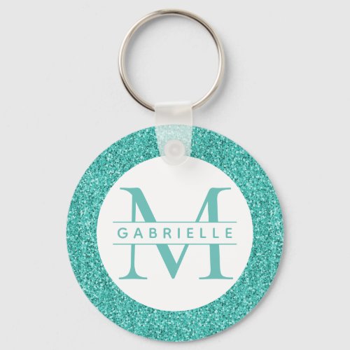 Teal Glitter Turquoise Monogram Keychain