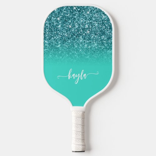 Teal Glitter Turquoise Ombre Modern Script Pickleball Paddle