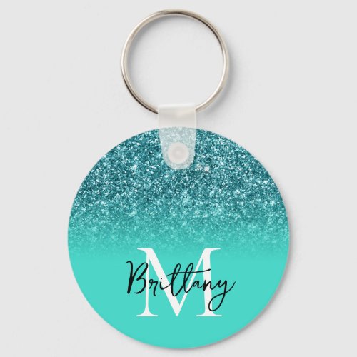 Teal Glitter Turquoise Ombre Monogrammed Keychain