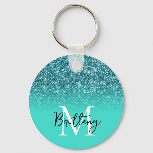 Teal Glitter Turquoise Ombre Monogrammed Keychain (Front)