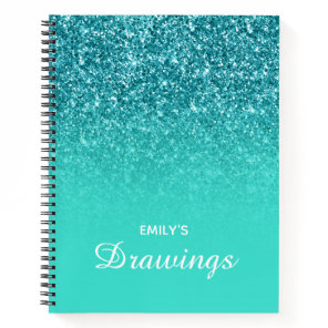 Teal Glitter Turquoise Ombre Personalized Drawing Notebook