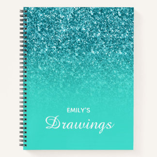 Teal Glitter Turquoise Ombre Personalized Drawing Notebook