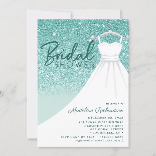 Teal Glitter Wedding Dress Chic Bridal Shower Invitation