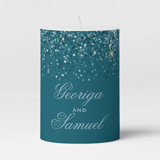 Teal Glitter Wedding Pillar Candle (Front)
