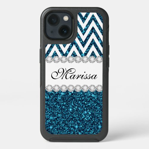 Teal Glitter White Chevron OtterBox iPhone 13 Case