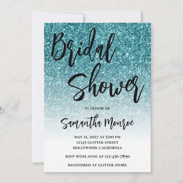 Teal Glitter White Gradient Bridal Shower Invitation (Front)