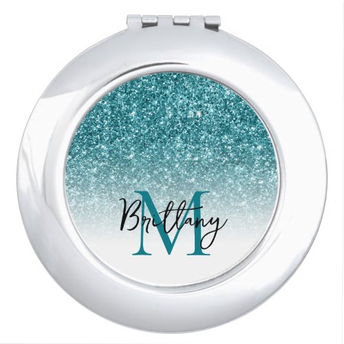 Teal Glitter White Ombre Monogrammed Compact Mirror