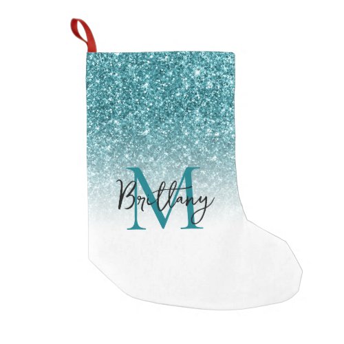 Teal Glitter White Ombre Monogrammed Small Christmas Stocking