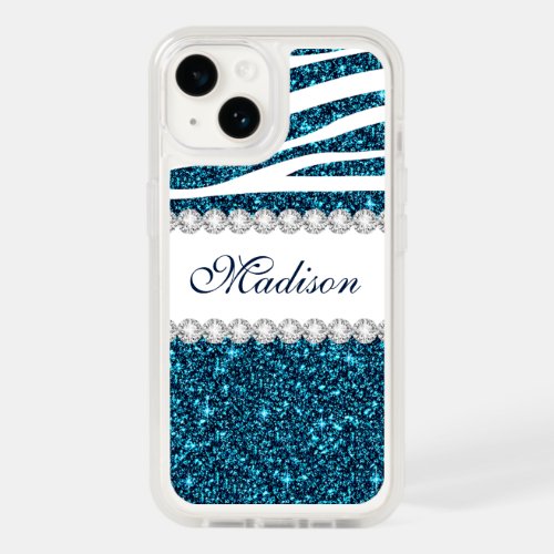 Teal Glitter White Zebra Stripes iPhone 14 Case