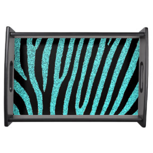 Teal glitter zebra stripes stylish serving tray