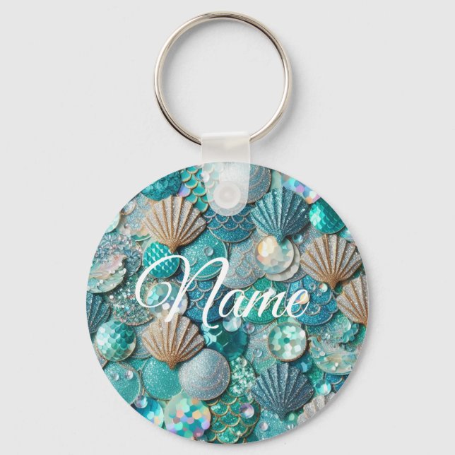 Teal Glittery Mermaid Print With Seashells Keychain (Front)