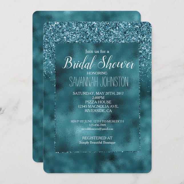 Teal Glitz Glitter Glam Sparkle Bridal Shower Invitation (Front/Back)