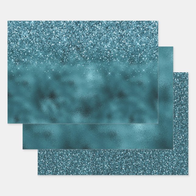 Teal Glitz Glitter Glam Wrapping Paper Sheets (Set)
