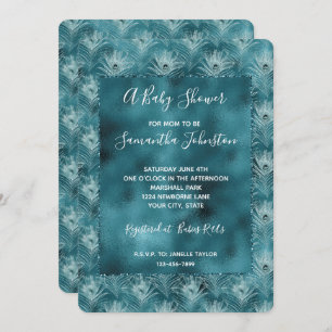 Teal Glitzy Glam Peacock Feathers Invitation