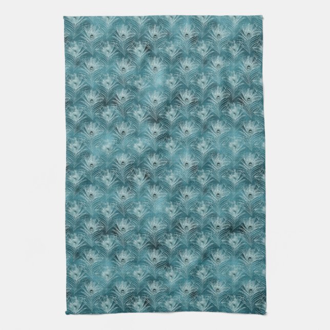 Teal Glitzy Glam Peacock Feathers Kitchen Towel (Vertical)