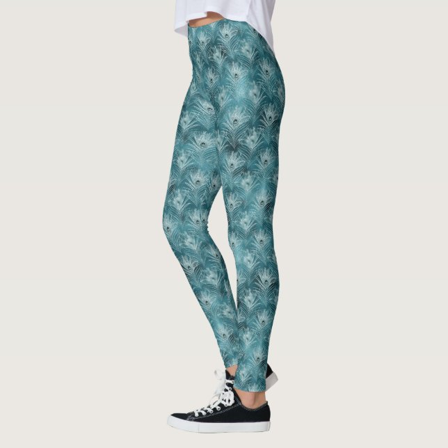Teal Glitzy Glam Peacock Feathers Leggings (Left)