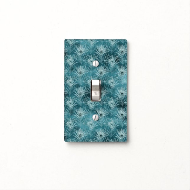 Teal Glitzy Glam Peacock Feathers Light Switch Cover (In Situ)