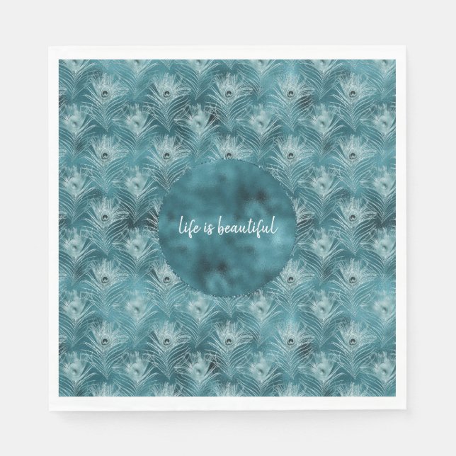 Teal Glitzy Glam Peacock Feathers Napkins (Front)