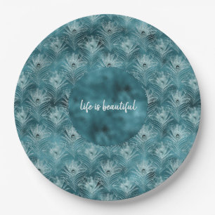Teal Glitzy Glam Peacock Feathers Paper Plates