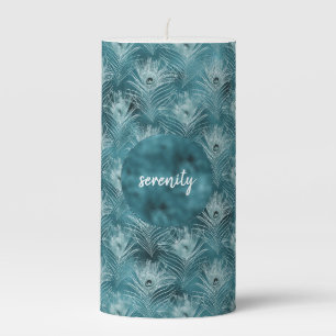Teal Glitzy Glam Peacock Feathers Pillar Candle