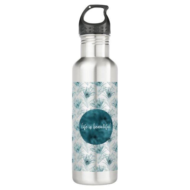 Teal Glitzy Glam Peacock Feathers Stainless Steel Water Bottle (Front)