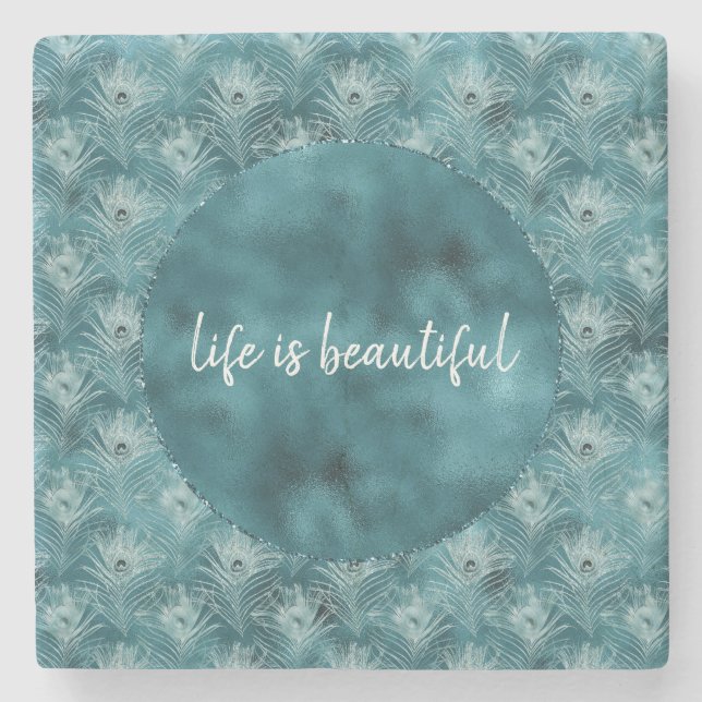 Teal Glitzy Glam Peacock Feathers Stone Coaster (Front)