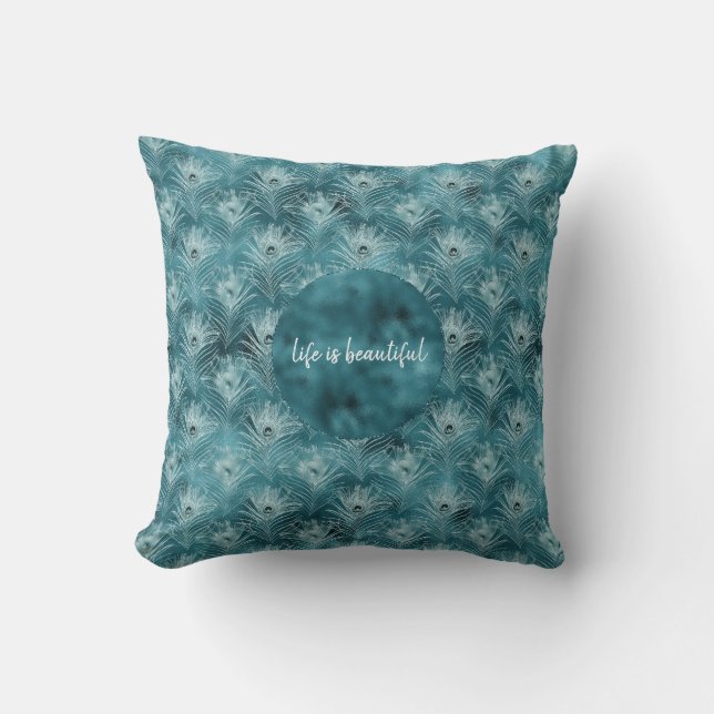Teal Glitzy Glam Peacock Feathers Throw Pillow (Front)