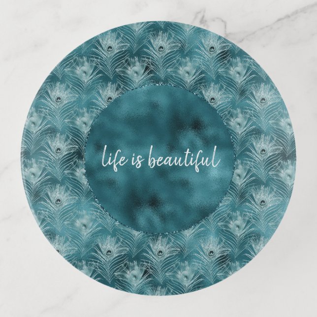 Teal Glitzy Glam Peacock Feathers Trinket Tray (Front)