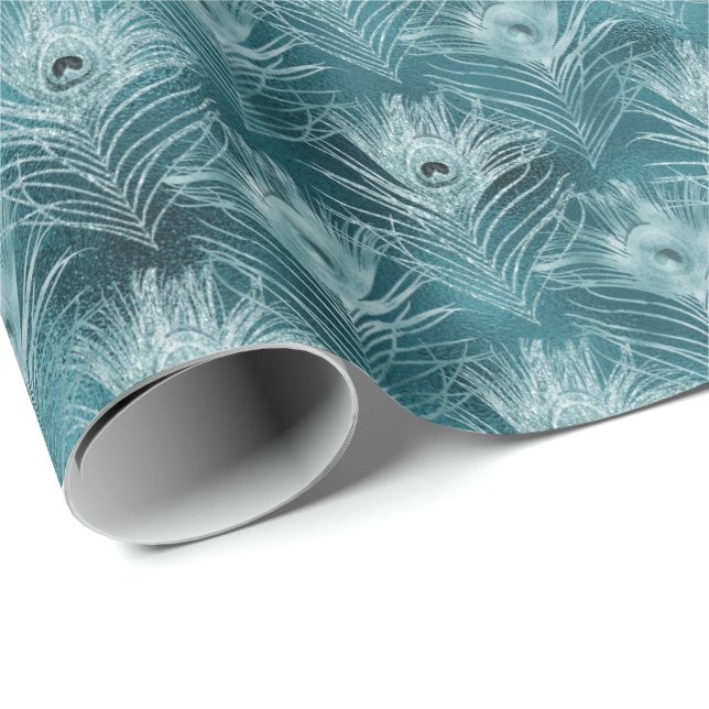 Teal Glitzy Peacock Feathers Wrapping Paper (Roll Corner)