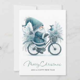 Teal Gnome & Winter Bicycle Cheer Holiday Card