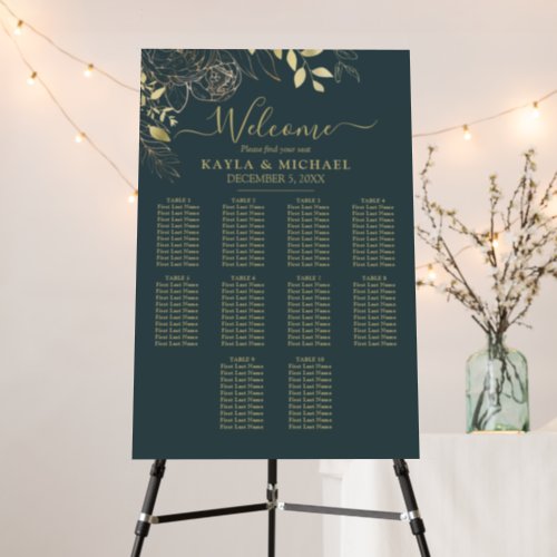 Teal  Gold 10 Table Floral Wedding Seating Chart Foam Board