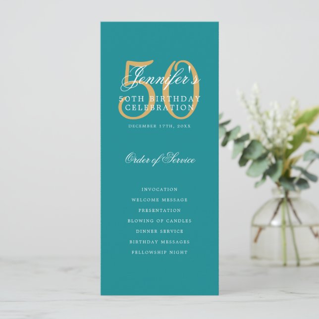 Teal Gold 50th Birthday Party Program w/ Menu (Standing Front)