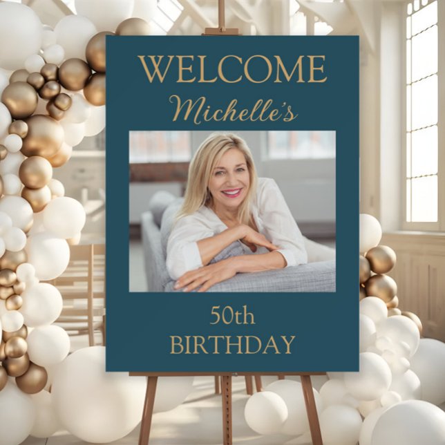 Teal Gold 50th Birthday Photo Welcome  Foam Board (Elegant teal and gold birthday party photo Welcome sign)
