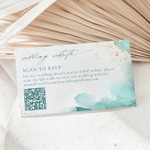 Teal Gold Abstract Beach Wedding Website QR Code Enclosure Card
