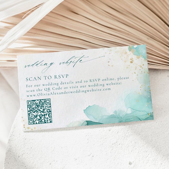 Teal Gold Abstract Beach Wedding Website QR Code Enclosure Card (Creator Uploaded)