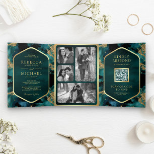 Teal Gold Abstract Fluid Ink QR Code Wedding Tri-Fold Invitation