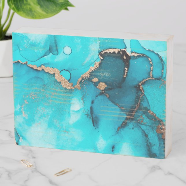 Teal Gold Abstract ink Art Wooden Box Sign (In Situ Horizontal)