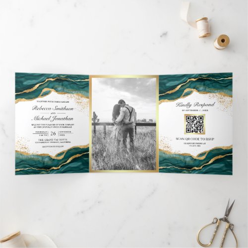 Teal Gold Abstract Ink QR Code Wedding Tri_Fold Invitation