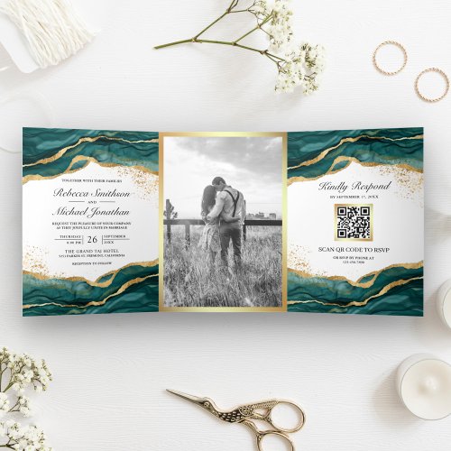 Teal Gold Abstract Ink QR Code Wedding Tri_Fold Invitation