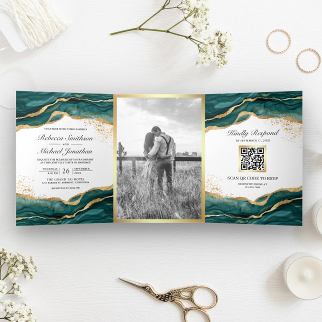 Teal Gold Abstract Ink QR Code Wedding Tri-Fold Invitation (Creator Uploaded)