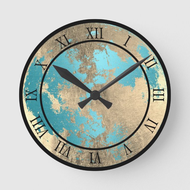 Teal & Gold Aesthetic Moon Lunar Round Clock (Front)
