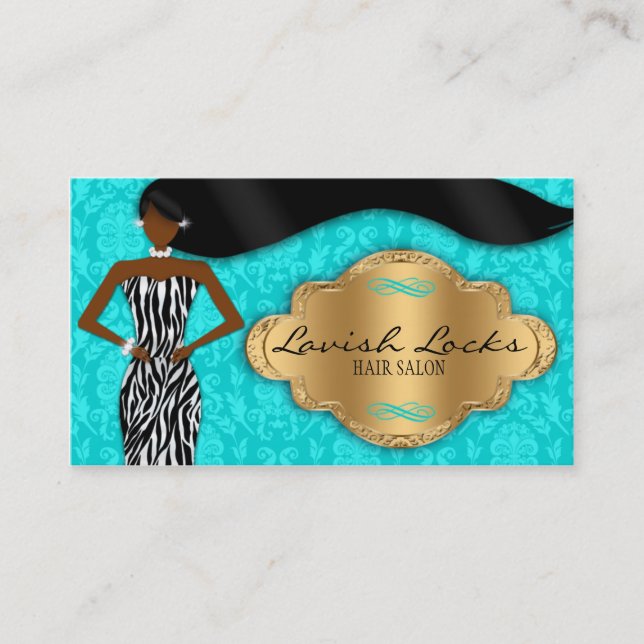 Teal Gold African American Hair Stylist Salon Business Card (Front)