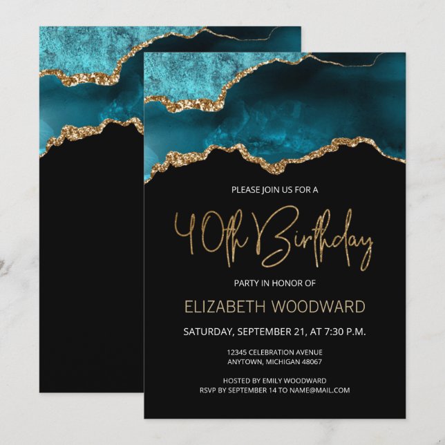 Teal Gold Agate 40th Birthday Party Invitation (Front/Back)