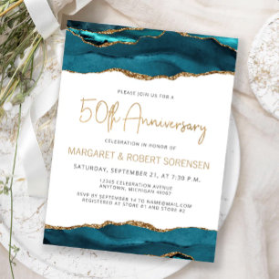 Teal Gold Agate 50th Anniversary Invitation Postcard